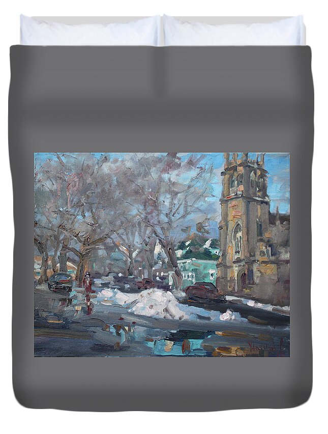 Winter Duvet Cover featuring the painting Snow Day at 7th st by Potters House Church by Ylli Haruni