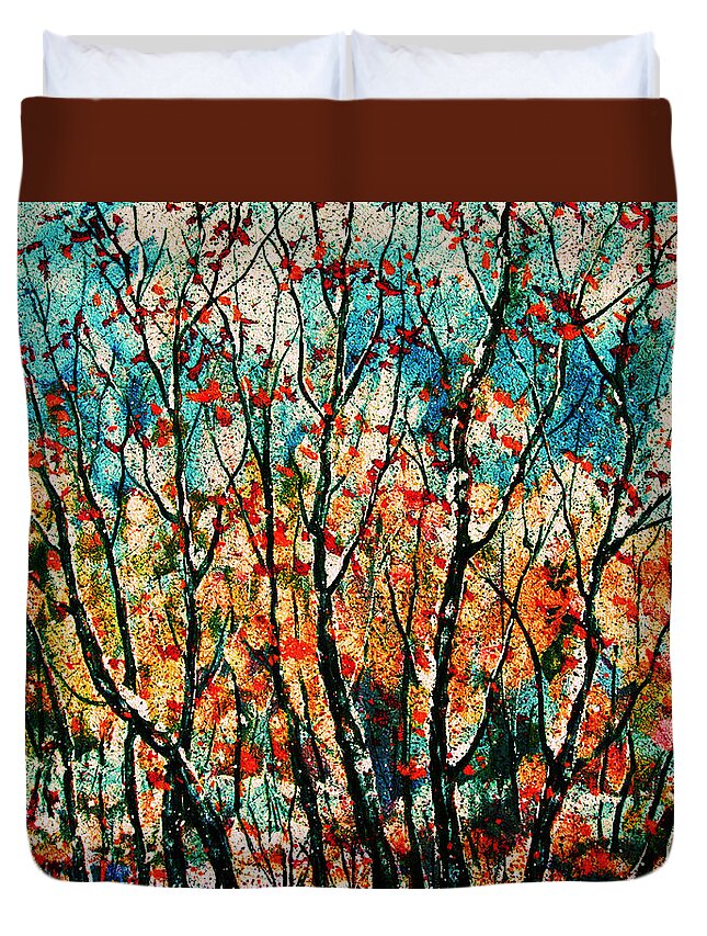 Natalie Holland Art Duvet Cover featuring the painting Snow In Autumn by Natalie Holland
