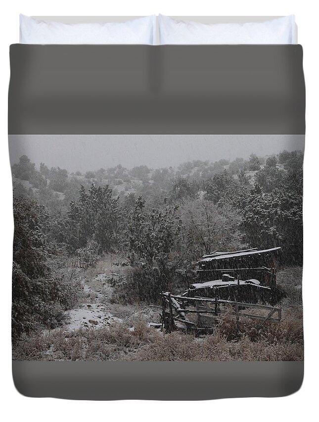 Snow Duvet Cover featuring the photograph Snow in the Old Santa Fe Corral by Christopher J Kirby