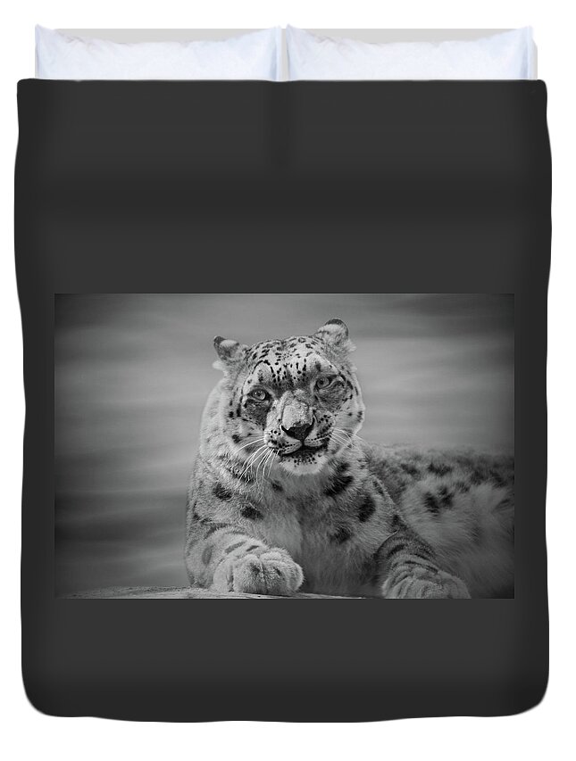 Snow Leopard Duvet Cover featuring the photograph Snow Leopard bw by Sandy Keeton