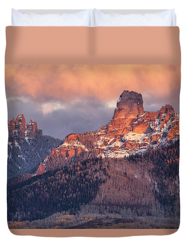 Chimney Rock Duvet Cover featuring the photograph Snow On Chimney Rock by Denise Bush