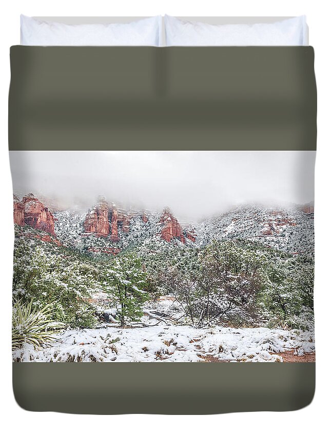 Sedona Duvet Cover featuring the photograph Snow On Red Rock by Racheal Christian
