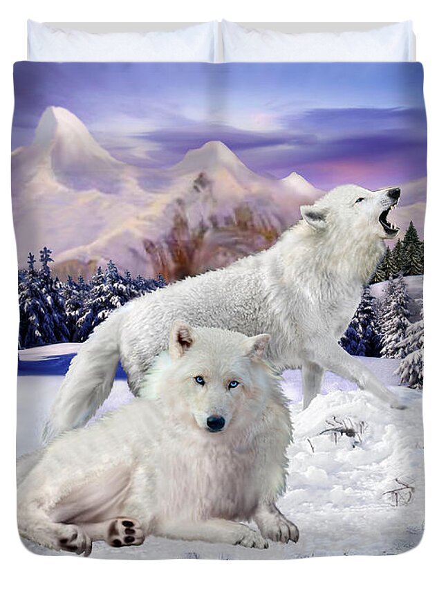 White Wolves Duvet Cover featuring the digital art Snow Wolves of the Wild by Glenn Holbrook