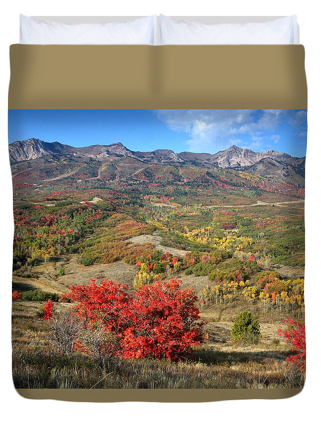 Snowbasin Duvet Cover featuring the photograph Snowbasin and Autumn Colors by Brett Pelletier