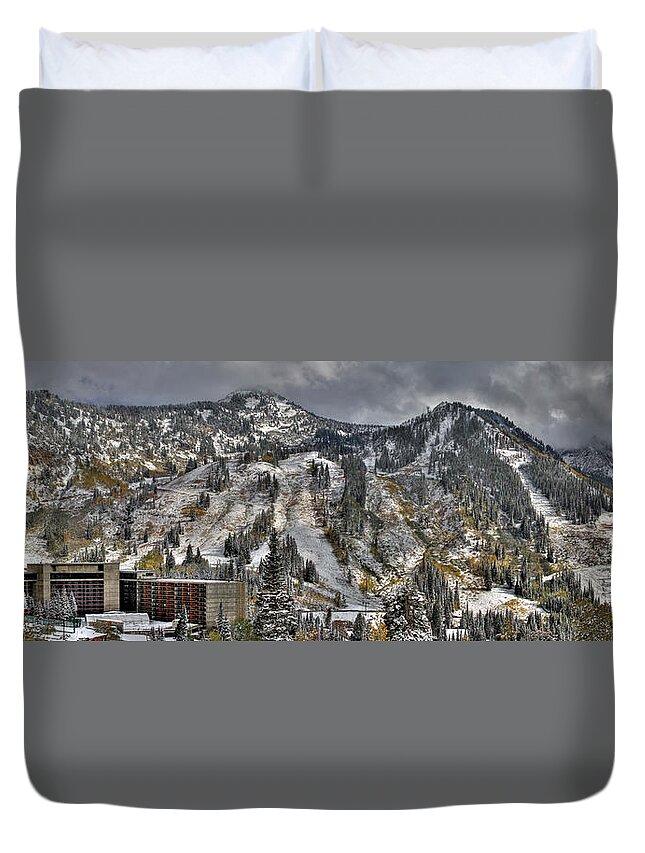 Panoramic Duvet Cover featuring the photograph Snowbird Early Snow in Fall Panoramic by Brett Pelletier