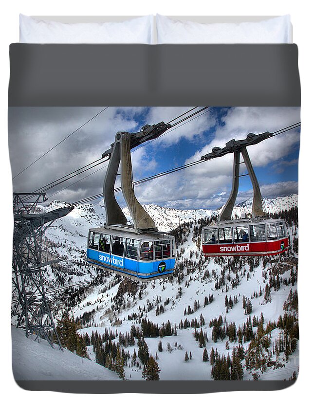 Snowbird Tram Duvet Cover featuring the photograph Snowbird Hidden Peak Trams by Adam Jewell