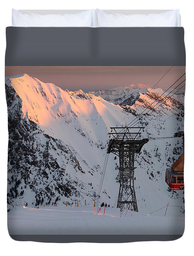 Landscape Duvet Cover featuring the photograph Snowbird Sunrise Tram by Brett Pelletier
