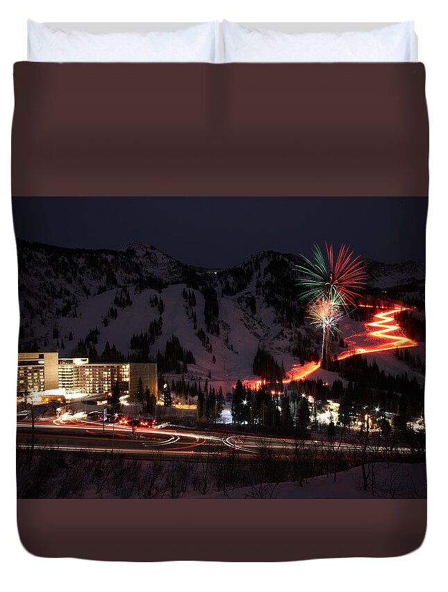 Landscape Duvet Cover featuring the photograph Snowbird Torchlight Parade and Firework by Brett Pelletier