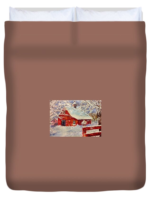 Barn Duvet Cover featuring the painting Snowflakes Falling at the Red Barn by Cheryl Wallace