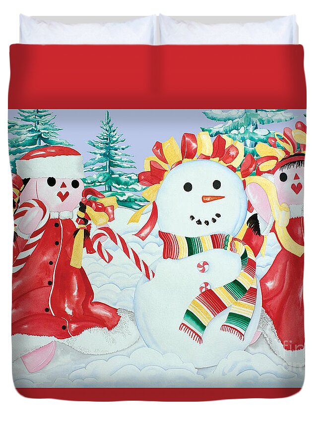 Christmas Cards Duvet Cover featuring the painting Snowgirls with Serape Scarf by Kandyce Waltensperger