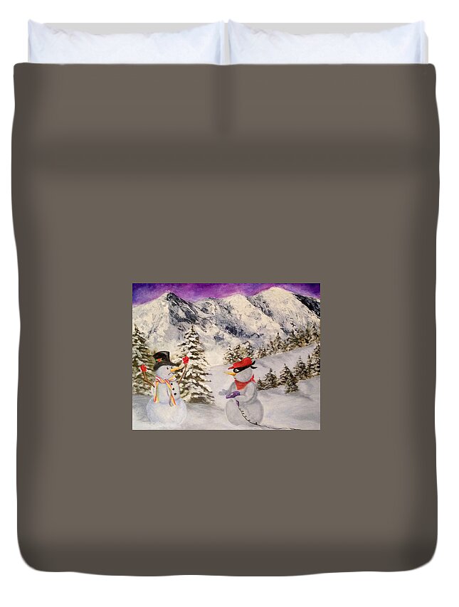 Snowman Duvet Cover featuring the painting Snowie Hold-Up by Donna Tucker