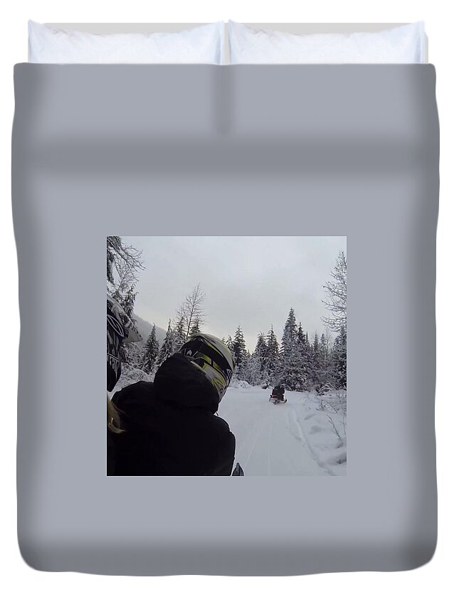 Skidoo Duvet Cover featuring the photograph Snowmobile Tour At Cougar Mountain • by Outdoor Explorers