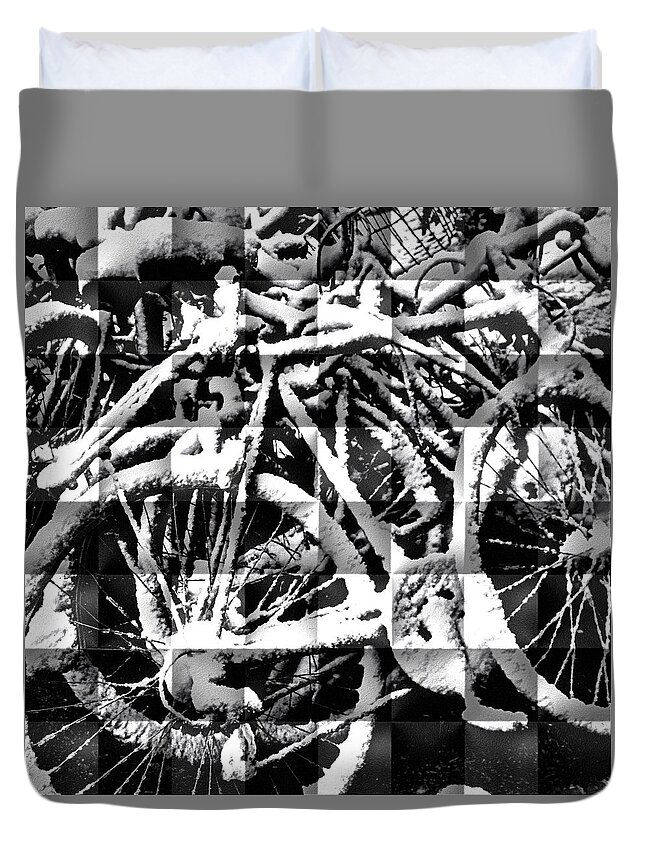 Black And White Photo Of Bikes Covered In Snow. Digitally Enhanced.black Bike Duvet Cover featuring the photograph Snowy Bike by Joan Reese