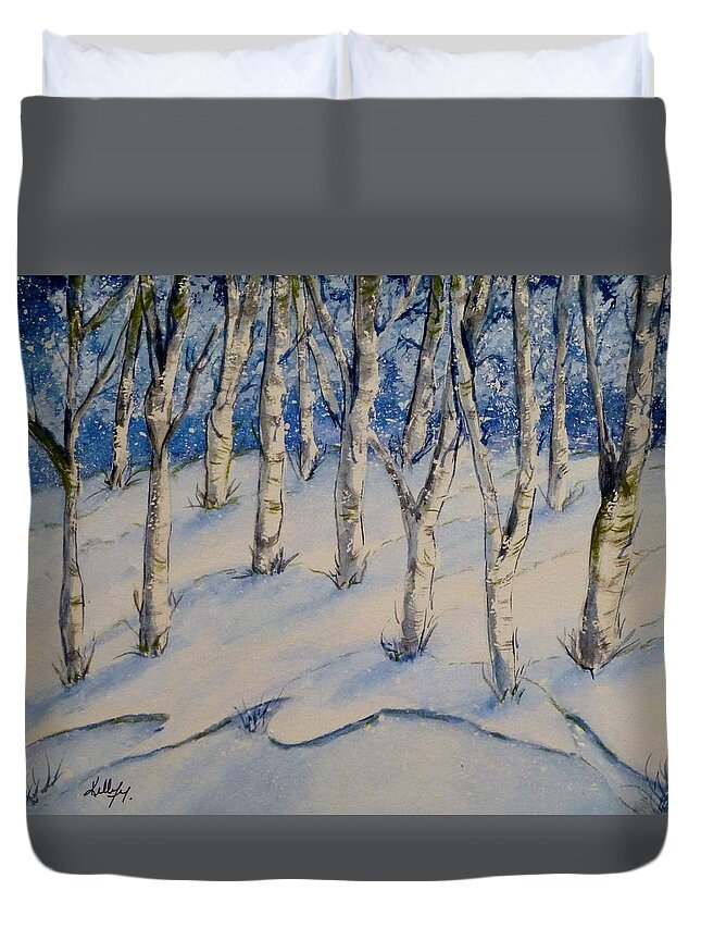 Birch Trees Duvet Cover featuring the painting Snowy Birch Trees by Kelly Mills