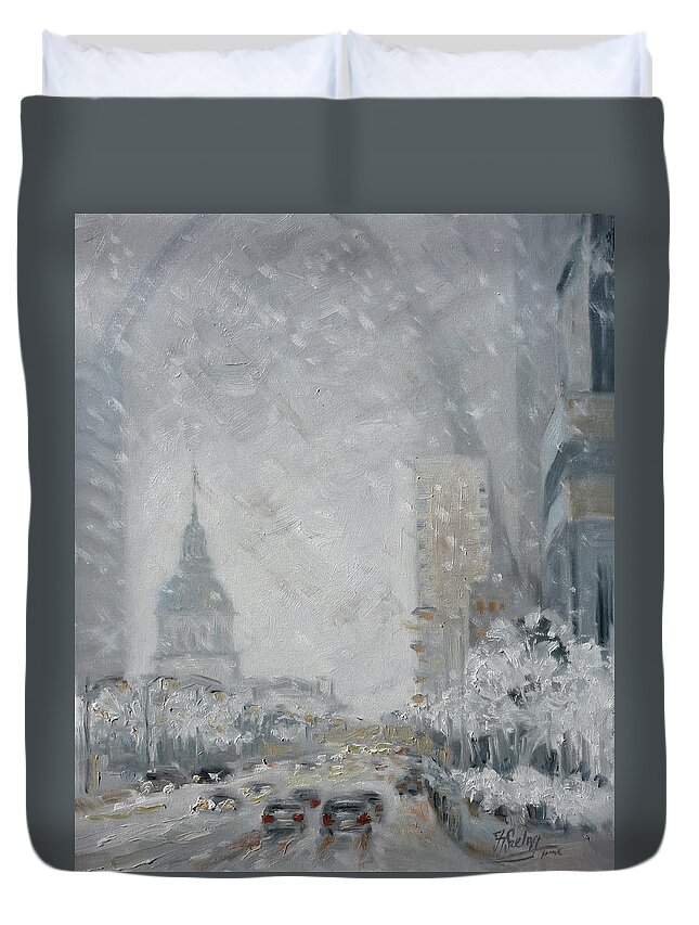 St. Louis Duvet Cover featuring the painting Snowy day - Market Street Saint Louis by Irek Szelag