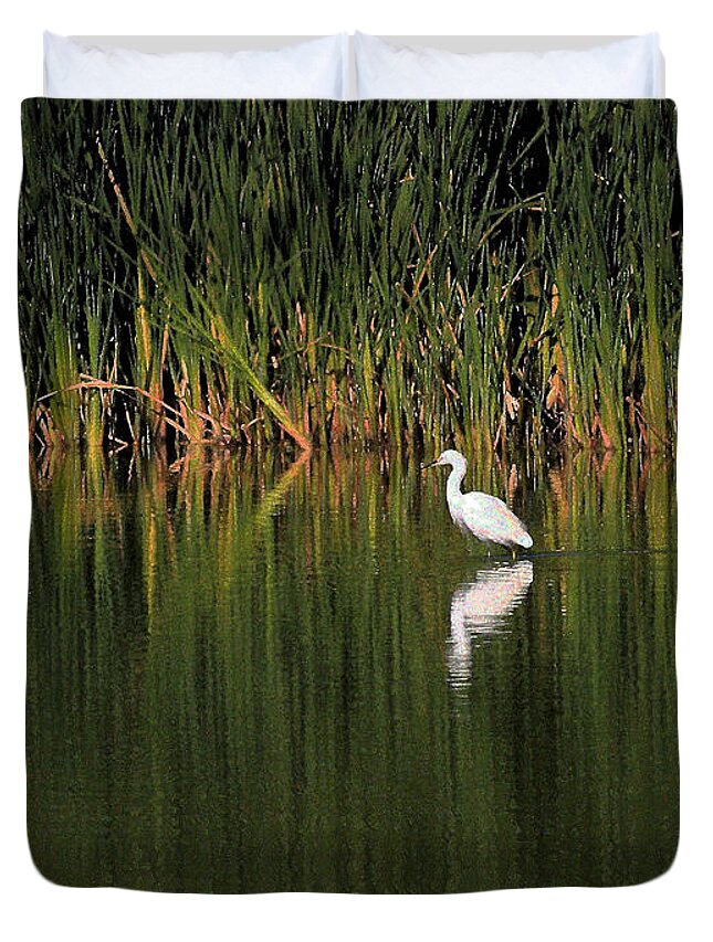 Animals Duvet Cover featuring the digital art Snowy Egret in Marsh Reinterpreted by Wingsdomain Art and Photography