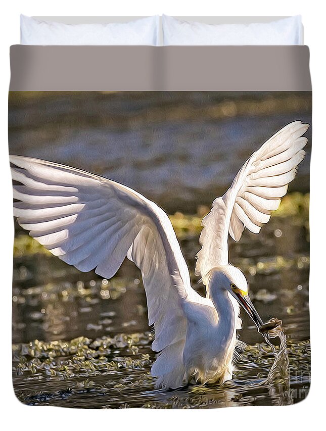 Nature Duvet Cover featuring the digital art Snowy Egret Makes The Catch - Egretta Thula by DB Hayes