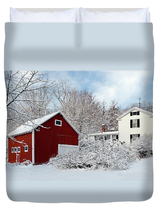Landscape Duvet Cover featuring the photograph Snowy Homestead with Red Barn by Betty Denise