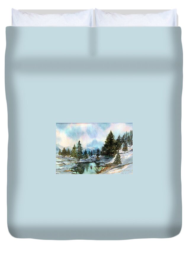 Watercolor Duvet Cover featuring the painting Snowy Lake Reflections by Debbie Lewis