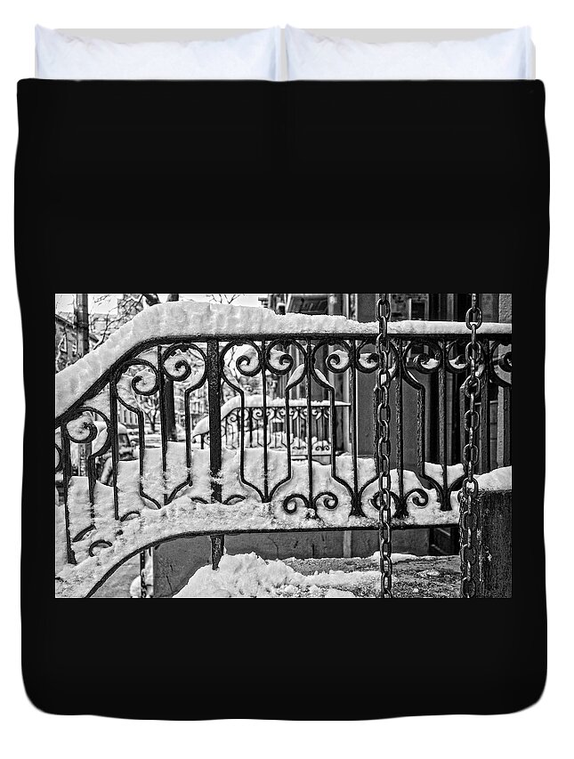 Monotone Duvet Cover featuring the painting Snowy NYC Steps by Joan Reese