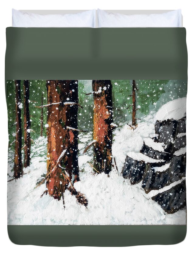 Redwood In Snow Duvet Cover featuring the painting Snowy Redwood Dream by L J Oakes