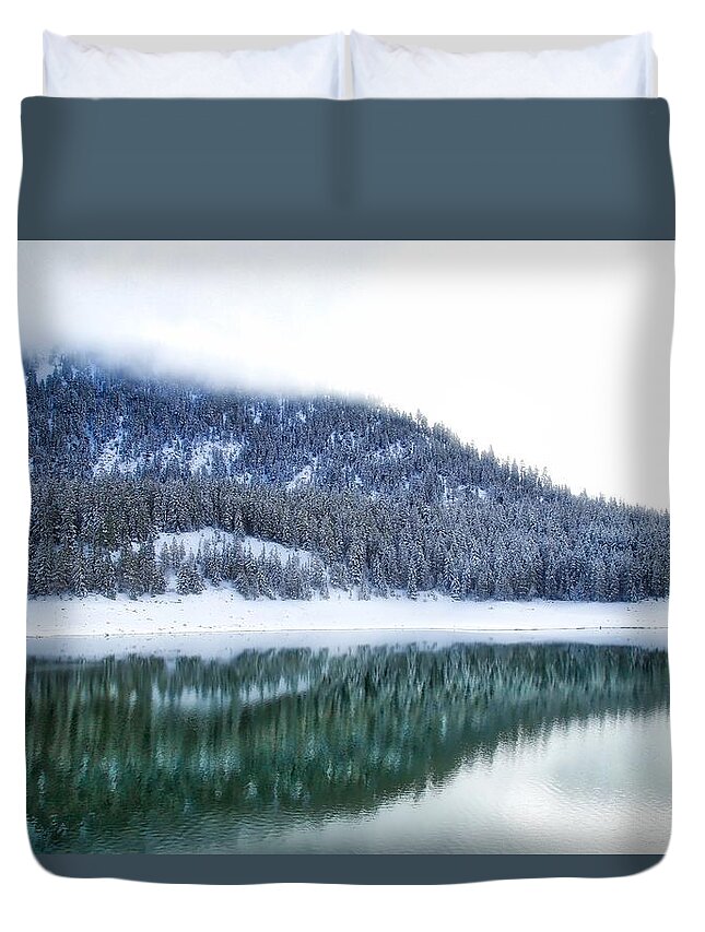 Snowy Trees On The Lake Duvet Cover featuring the photograph Snowy trees on the lake by Lynn Hopwood