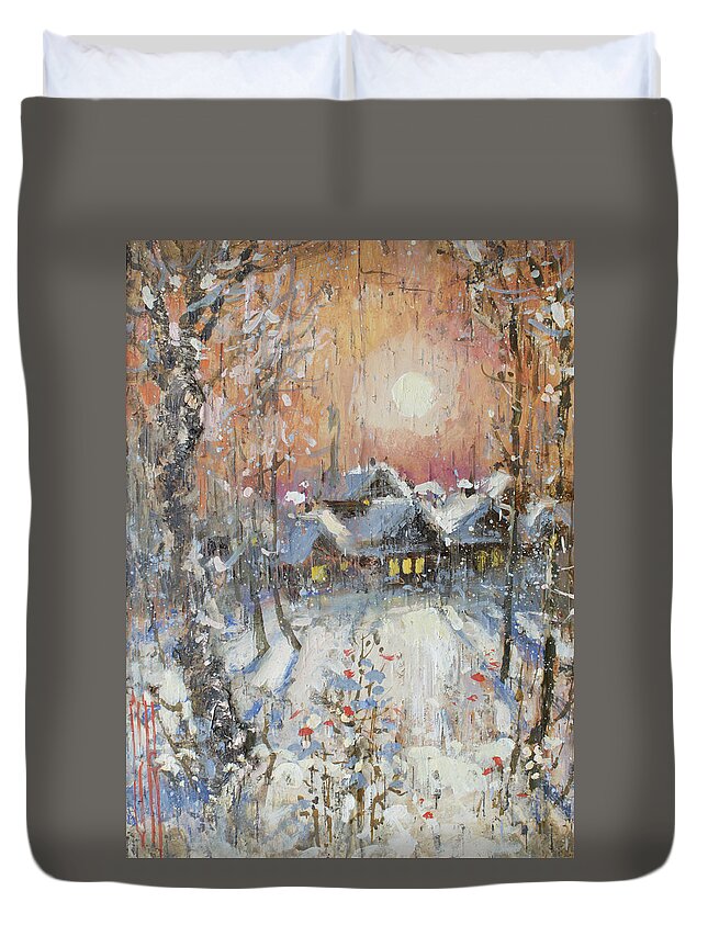Russia Duvet Cover featuring the painting Snowy Village by Ilya Kondrashov