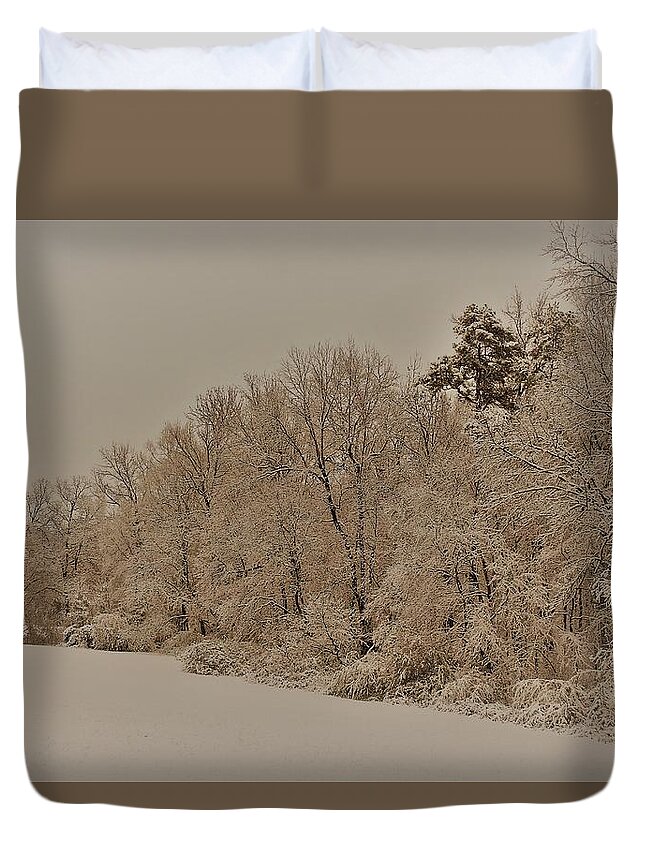 Trees Duvet Cover featuring the photograph Snowy White Limbs with Zeke filter by Ali Baucom