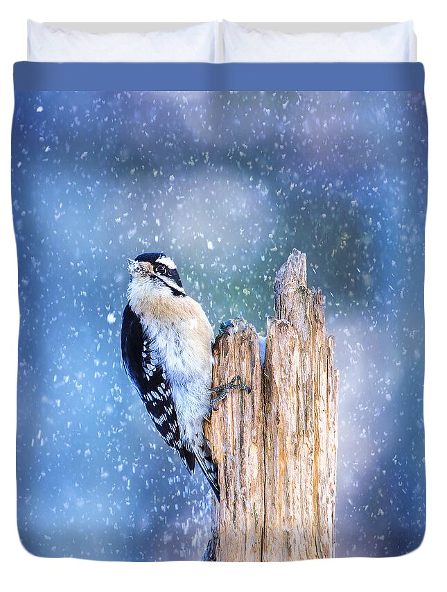 Animal Duvet Cover featuring the photograph Snowy Winter Downy by Bill and Linda Tiepelman