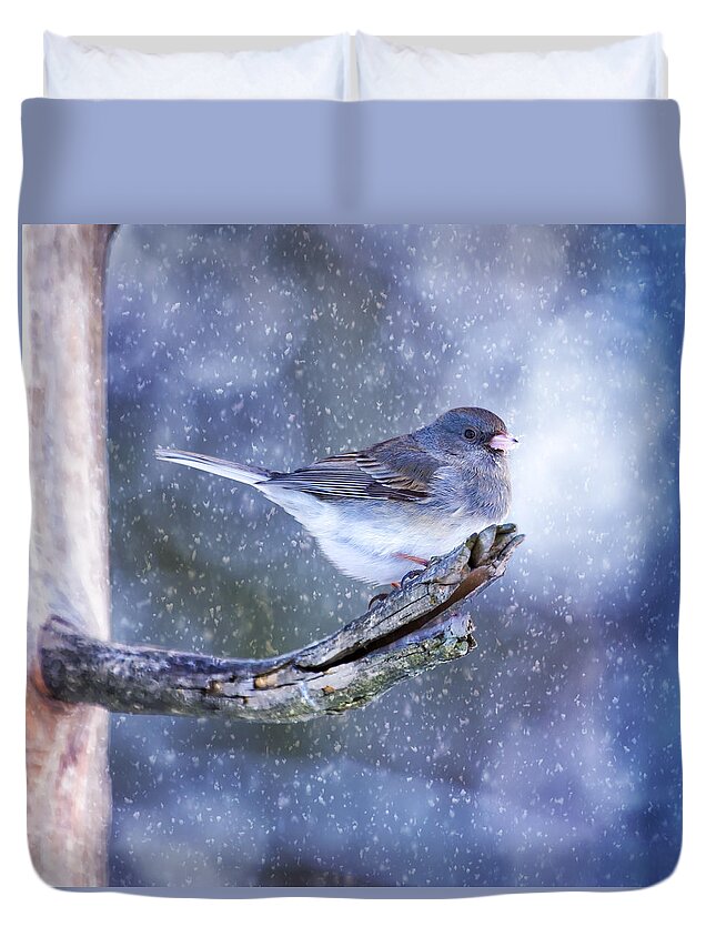 Dark-eyed Junco Duvet Cover featuring the photograph Snowy Winter Junco by Bill and Linda Tiepelman