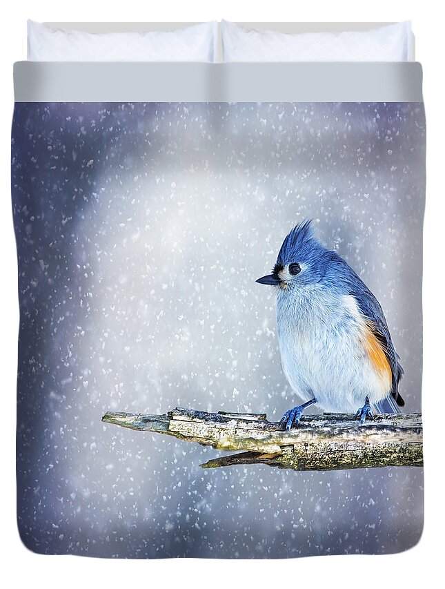 Baeolophus Duvet Cover featuring the photograph Snowy Winter Titmouse by Bill and Linda Tiepelman