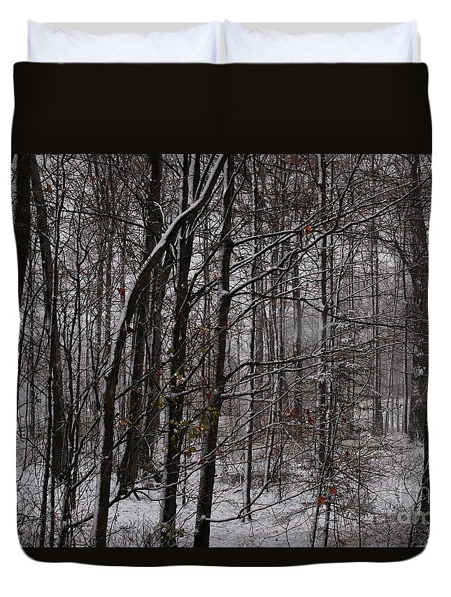 Woods Duvet Cover featuring the photograph Snowy Woods by Linda Shafer