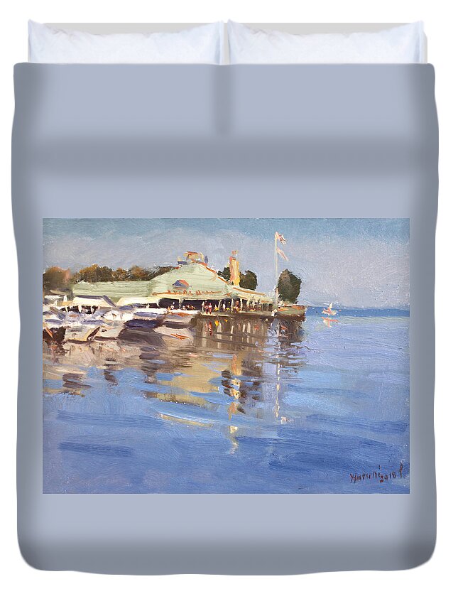 Mississauga Duvet Cover featuring the painting Snug Harbour at Port Credit by Ylli Haruni