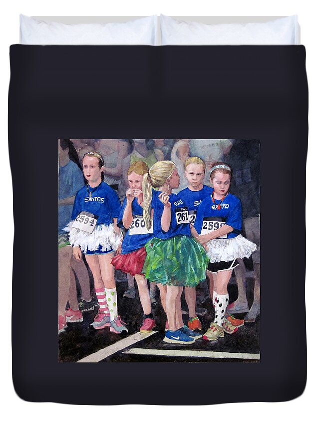 Santos Soccer Duvet Cover featuring the painting Soccer Girls by Mark Lunde