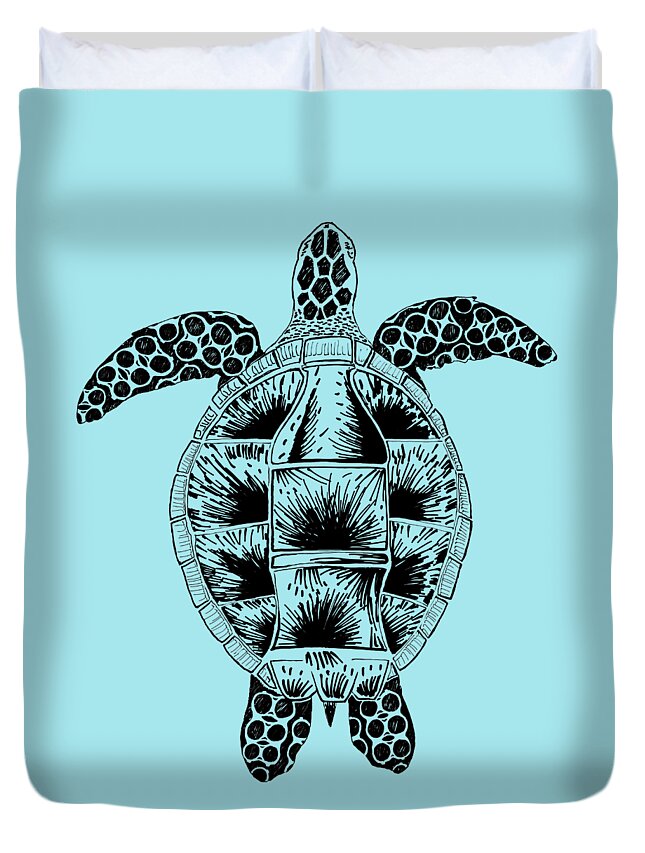 Sculpture Duvet Cover featuring the drawing Soda Turtle Sea Turtle great tshirt image by Adam Long