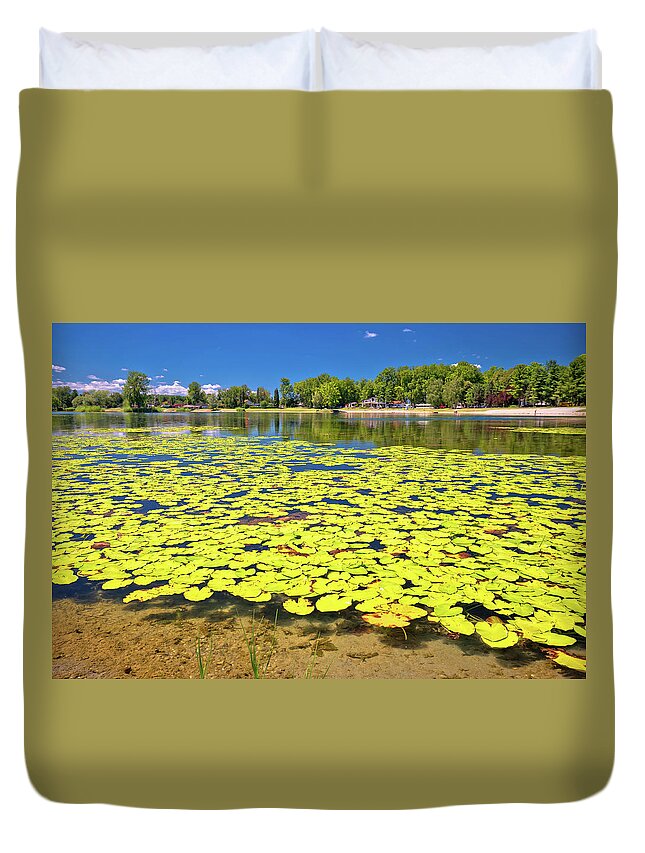 Drava Duvet Cover featuring the photograph Soderica lake green landscape and water lilys view by Brch Photography