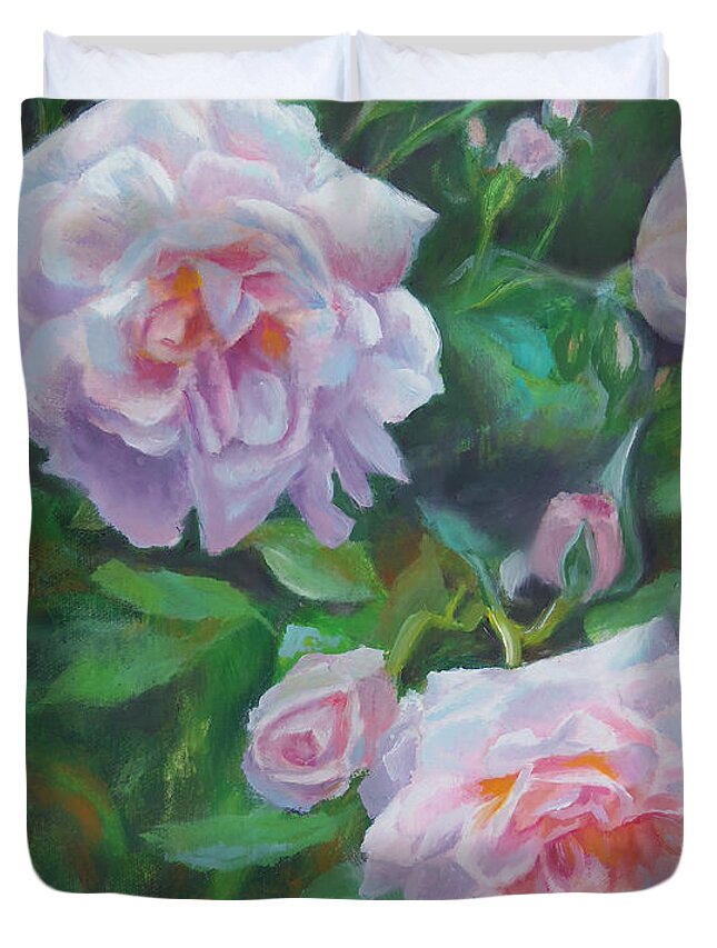 Soft Pink Rose Painting Duvet Cover featuring the painting Summer Love by Karen Kennedy Chatham