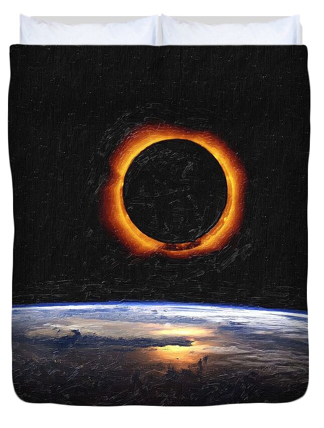 Sun Duvet Cover featuring the painting Solar Eclipse from above the earth painting by Celestial Images