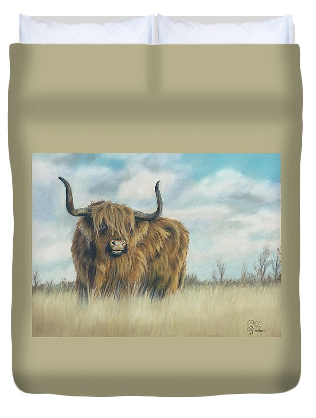 Highland Cow Duvet Cover featuring the pastel Solitary by Kirsty Rebecca
