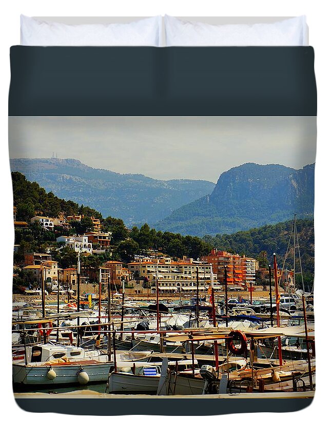 Harbor Duvet Cover featuring the photograph Soller Harbor by Sarah Hamed