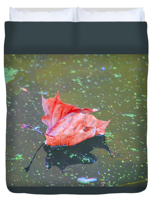 C&o Duvet Cover featuring the photograph Solo Floating Red Leaf by Jeff at JSJ Photography