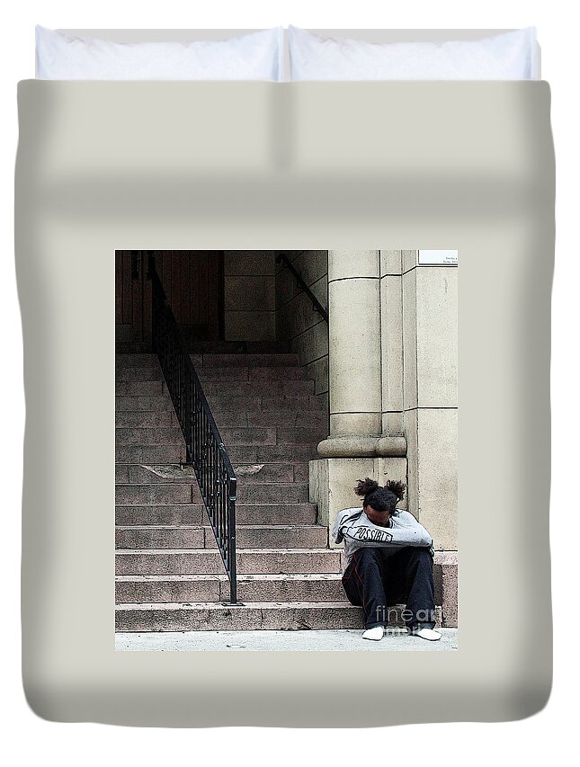 Woman On Steps Duvet Cover featuring the photograph Sometimes Just Pray by Joe Pratt