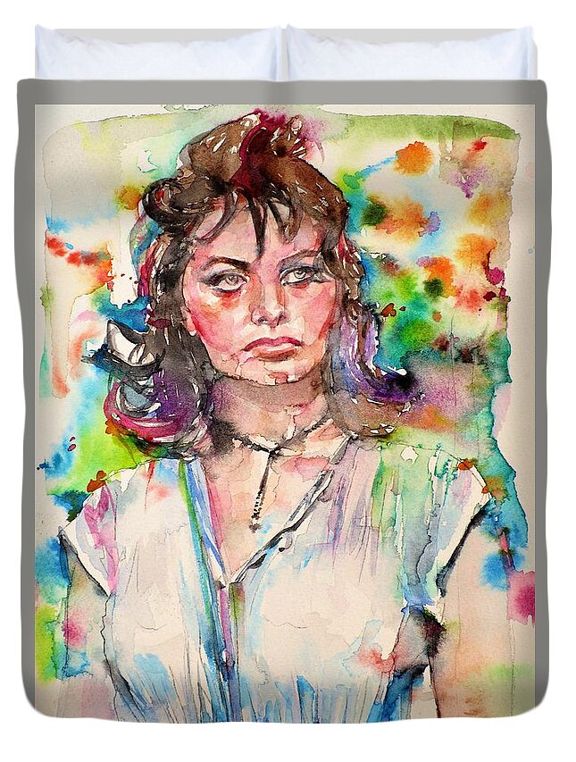 Sophia Loren Duvet Cover featuring the painting SOPHIA LOREN - watercolor portrait.2 by Fabrizio Cassetta