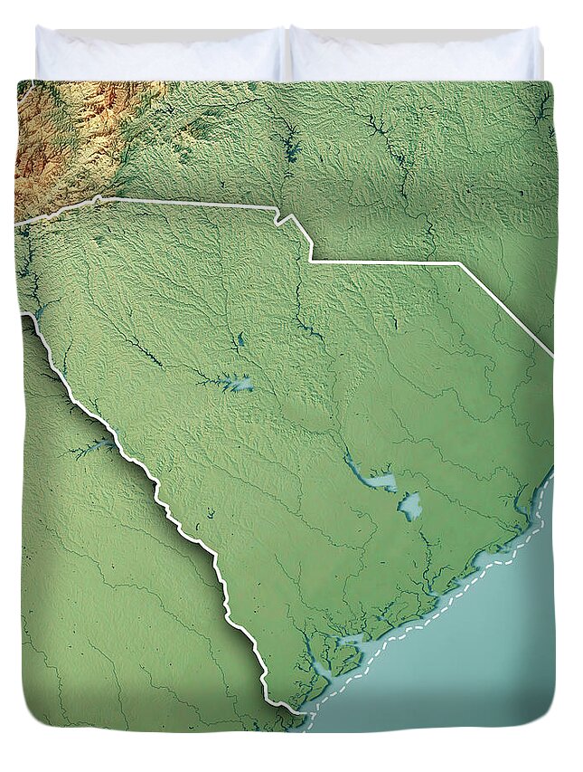 South Carolina Duvet Cover featuring the digital art South Carolina State USA 3D Render Topographic Map Border by Frank Ramspott