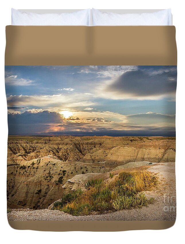 Badlands Duvet Cover featuring the photograph South Dakota Sunrise by Karen Jorstad