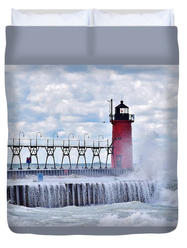 Michigan Duvet Cover featuring the photograph South Haven Lighthouse by Nicole Lloyd