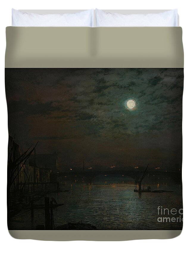 Southwark Bridge By Moonlight Duvet Cover featuring the painting Southwark Bridge by Moonlight by John Atkinson Grimshaw