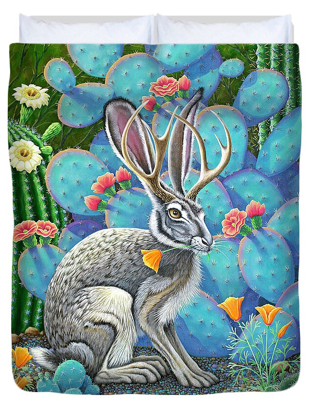 Jackalope Duvet Cover featuring the painting Southwestern Jackalope by Tish Wynne