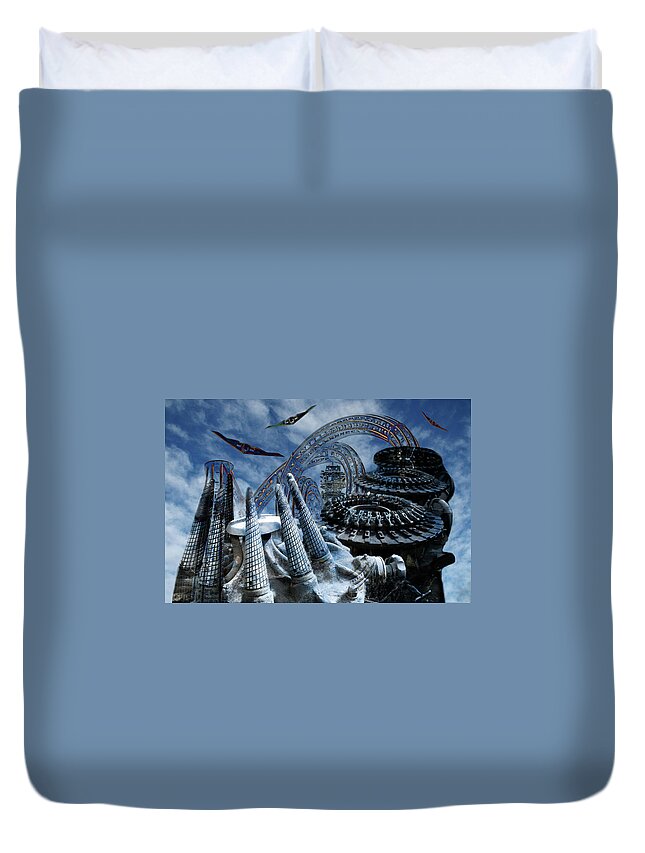 Space Duvet Cover featuring the digital art Space City by Lisa Yount