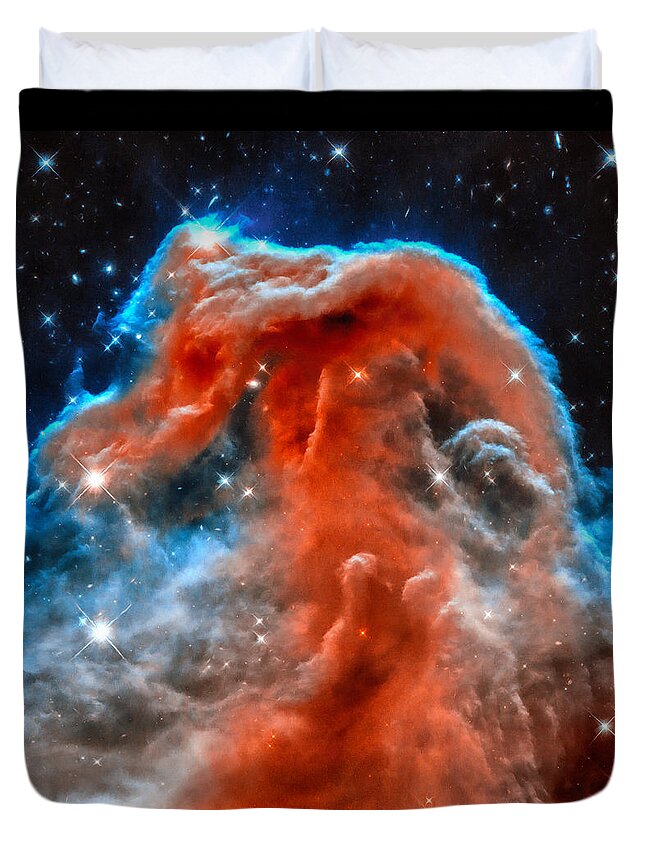 Horsehead Nebula Duvet Cover featuring the photograph Space image horsehead nebula orange red blue black by Matthias Hauser